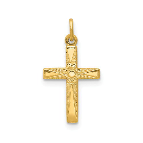 14k Yellow Gold Solid & Polished Designer Small Floral Cross Charm