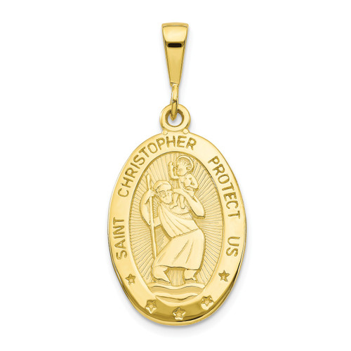 10k Yellow Godl Solid & Satin Finished Sain Christopher Oval Medal Pendant