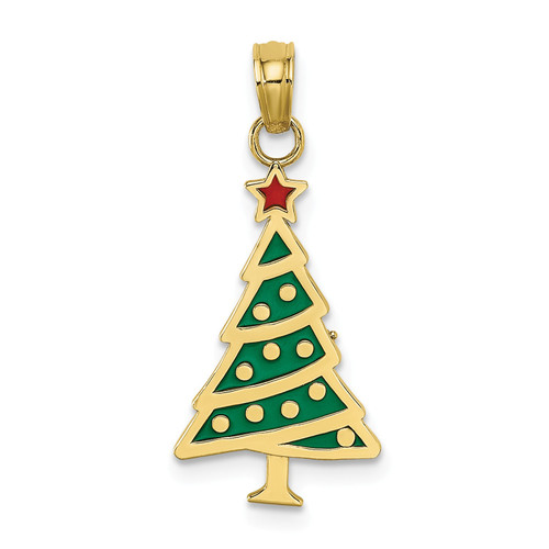 10k Yellow Gold Red & Green Enamel Flat Mini Christmas Tree w/ Star Pendant