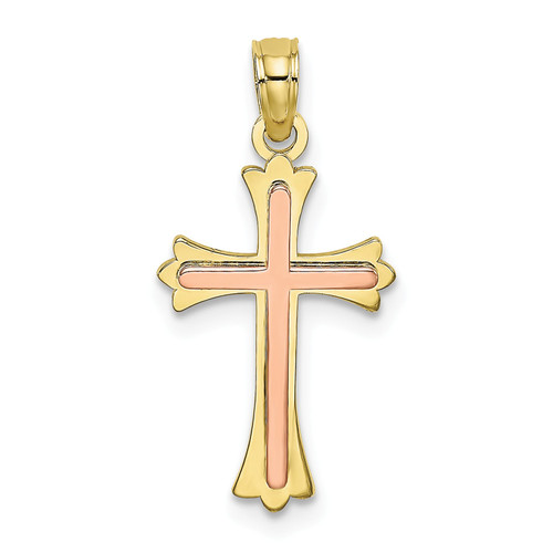 10k Two Tone Gold High Polished Rose Rounded Cross in Budded Cross Pendant