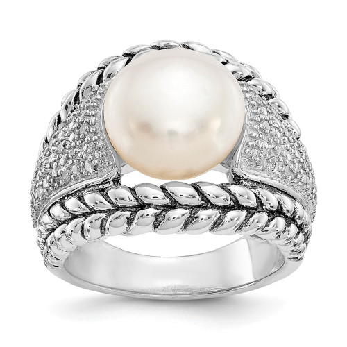 FW Pearl & Diamond Ring 11.5mm .925 Sterling Silver 0.1 Ct Size 6-8 Shey Couture