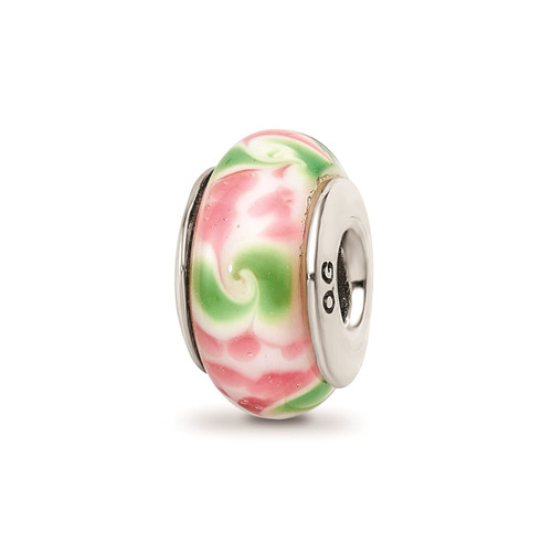 Reflection Beads Sterling Silver Hand Blown Pink & Green Swirl Glass Bead