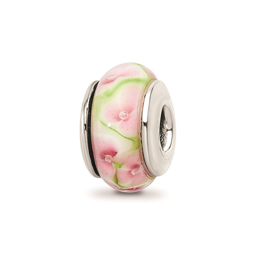 Reflection Beads Sterling Silver Hand Blown Pink & Green Flowers Glass Bead