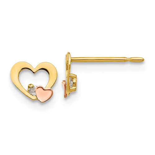 14k Yellow & Rose Gold CZ Children's Heart Post Earrings 5mm x 6mm Madi K - GK713