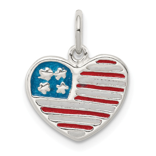 .925 Sterling Silver Red White & Blue Enameled American Flag & Heart Pendant - QC8638
