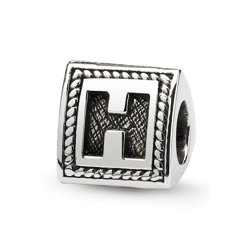 Letter H Triangle Block Bead .925 Sterling Silver Antiqued Reflection Beads - QRS1429H