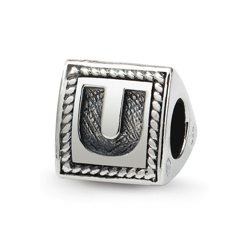 Letter U Triangle Block Bead .925 Sterling Silver Antiqued Reflection Beads - QRS1429U