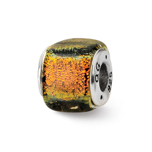 Orange Dichroic Glass Square Bead .925 Sterling Silver Antiqued Reflection Beads - QRS1485