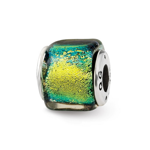 Yellow Dichroic Glass Square Bead .925 Sterling Silver Antiqued Reflection Beads - QRS1486