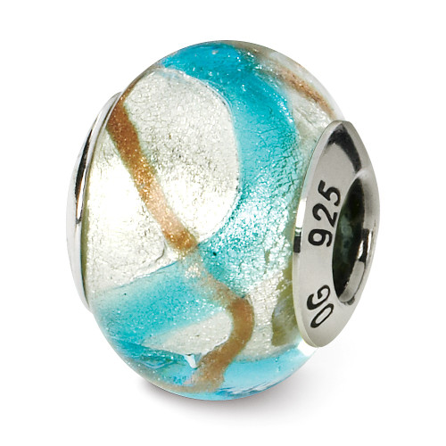 Silver Gold Blue Italian Murano Glass Bead .925 Sterling Silver Reflection Beads - QRS1531