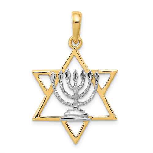 14K Yellow And White Gold Polished Judaism Star Of David With Menorah Charm