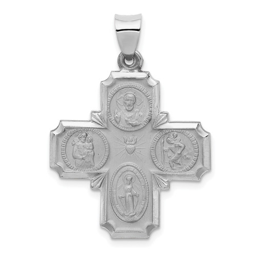 14K White Gold Polished Four Way Cross Medal Christianity Religious Pendant - XR1283