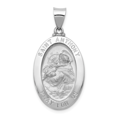 14K White Gold Polished Saint Anthony "Pray For Us" Religious Medal Oval Pendant - XR1292