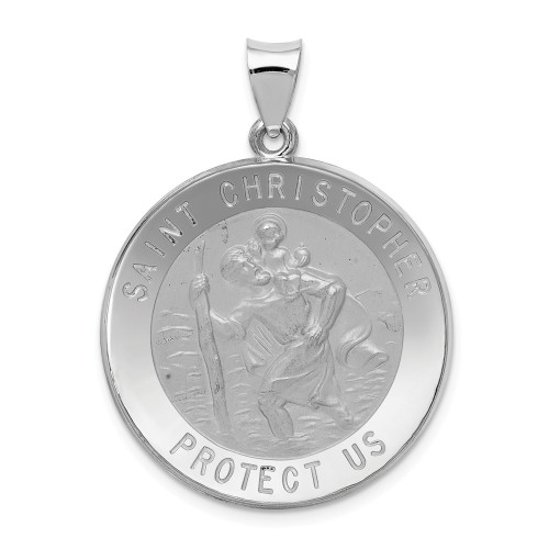 14K White Gold Satin & Polished St. Christopher Protect Us Medal Round Pendant - XR1303