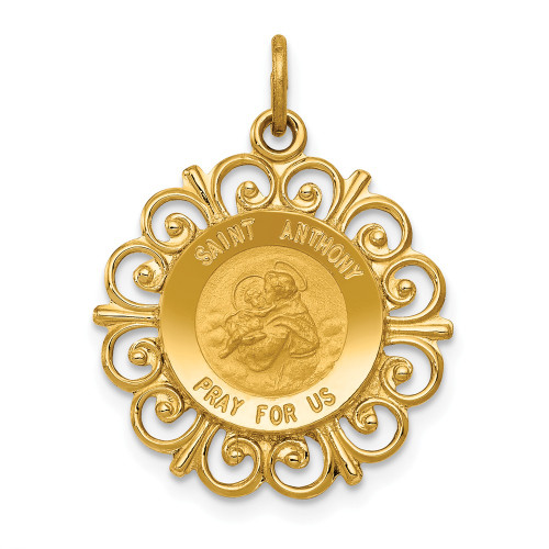 14K Yellow Gold Satin & Polished St. Anthony "Pray For Us" Religious Medal Charm - XR387