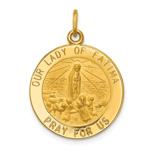 14K Yellow Gold Satin & Polished Our Lady of Fatima Pray For Us Medal Pendant - XR666