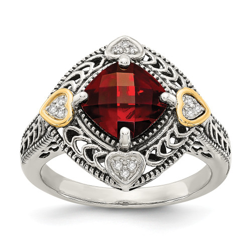 Sterling Silver w/ 14k Cushion Garnet & Diamond Heart Ring Sz 6 - 8 Shey Couture