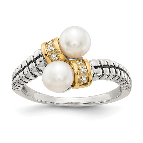 Pearl Diamond By Pass Ring Sterling Silver 14K Accent .03 Ct Sz 6-8 Shey Couture