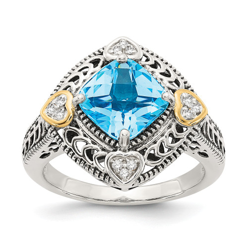 Blue Topaz & Diamond Ring Silver 14K Gold Accent 0.05 Ct Size 6 - 8 Shey Couture