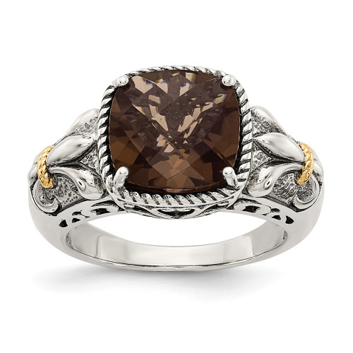 Smokey Quartz Ring Sterling Silver 14K Accent Antiqued Size 6 - 8 Shey Couture
