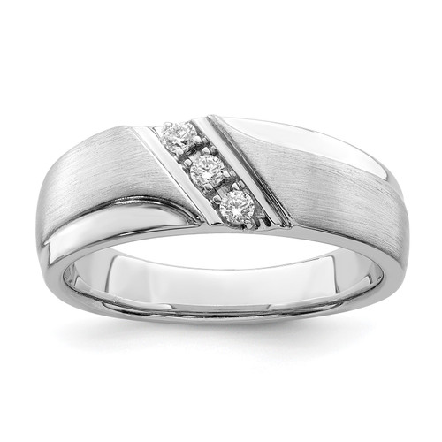 14k White Gold Men's 3 Stone Diamond Wedding Band Inlay Center Ring 1/8 Ct.