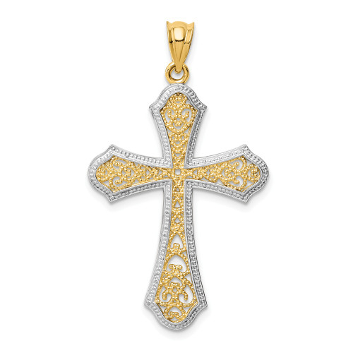 14K Yellow White Gold Polish Diamond Cut Filigree Cross Religious Charm Pendant