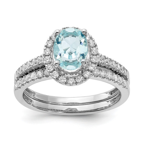 14k White Gold Aquamarine & Diamond Halo Engagement Ring | Bridal Set 1.47 TCW
