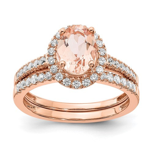 14k Rose Gold Morganite & Diamond Oval Halo Engagement Ring Bridal Set 1.67 TCW