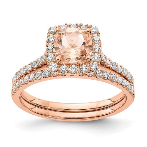 14k Rose Gold Morganite & Diamond Square Engagement Ring | Bridal Set 1.28 TCW