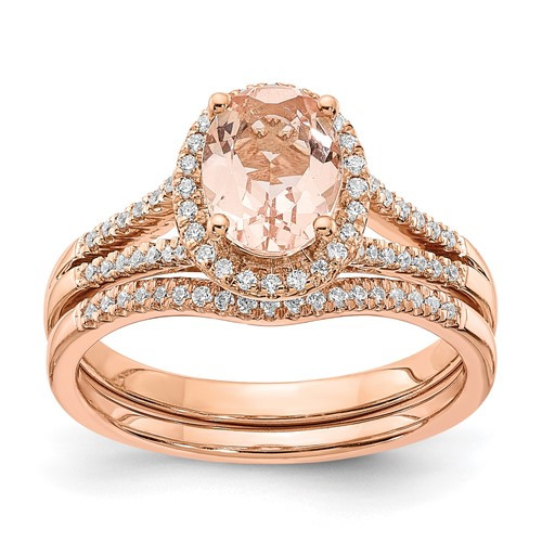 14k Rose Gold Oval Morganite & Diamond Halo Engagement Ring Bridal Set 1.33 TCW