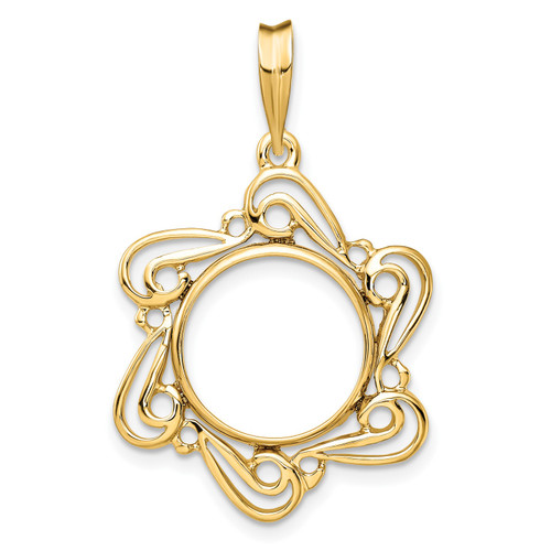 14k Yellow Gold Curved Scroll Frame Coin Bezel Prong Mounting For Various Coins
