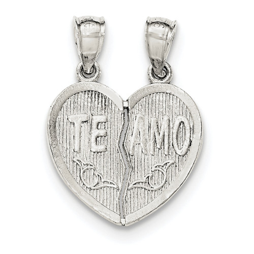 .925 Sterling Silver Textured I Love You Te Amo Break Apart Heart Pendant