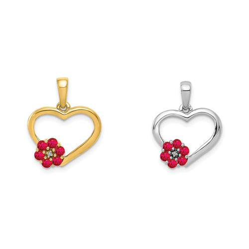 10k Yellow or White Gold Ruby & Diamond Heart + Flower Pendant 0.22 Tcw