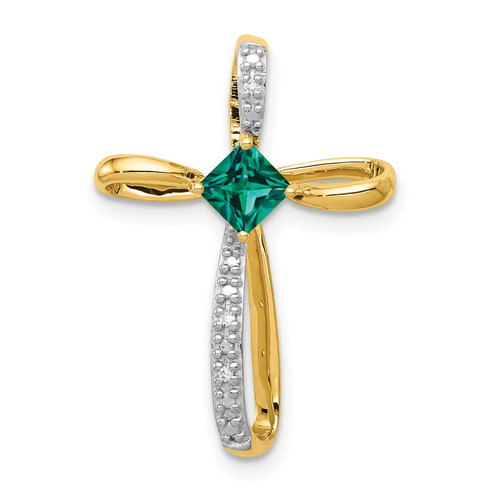 10k Yellow Gold Diamond & Created Emerald Ribbon Cross Slide Pendant 0.47 Tcw
