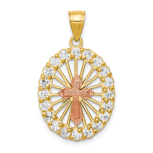 10k Two Tone Gold Cubic Zirconia | CZ | Budded Cross in Oval Frame Pendant