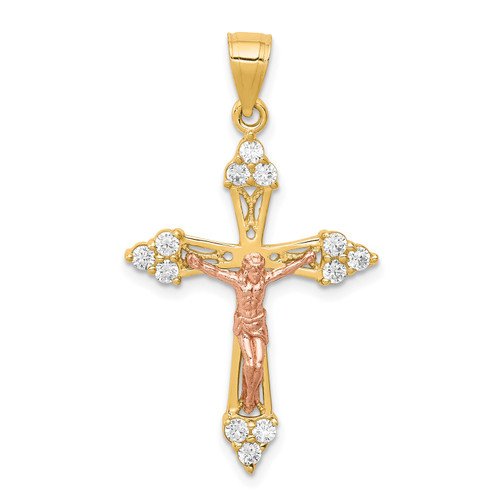 10k Two Tone Gold Cubic Zirconia | CZ | Clustered Pointed Cross Crucifix Pendant