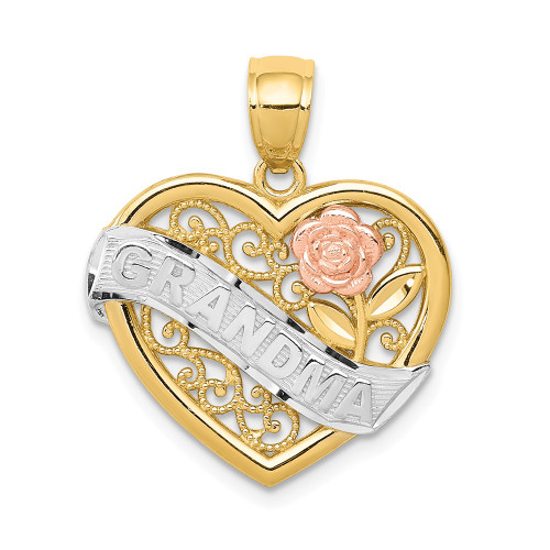 14k Two Tone Polished Satin Grandma Heart Flower Charm