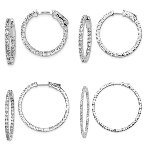 Sterling Silver 1.9mm CZ In & Out Round Hinged Hoop Earrings | 19mm to 50mm