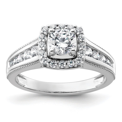 14k White Gold Solitaire Lab Grown Diamond Halo Grooved Engagement Ring 1 Ct.