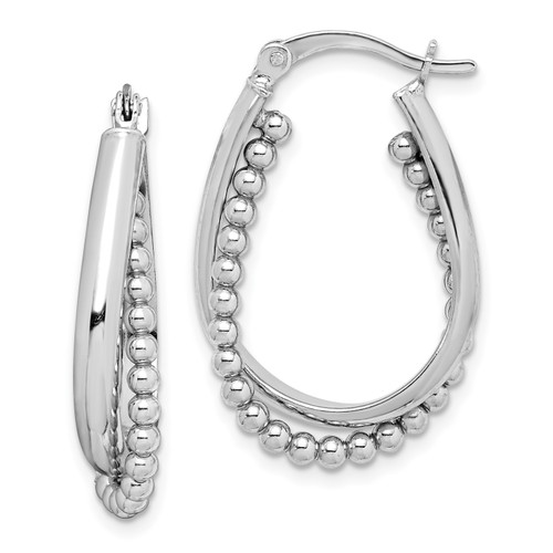 925 Sterling Silver Rhodiumed Women's 5mm x 19mm Bead Double Oval Hoop Earrings