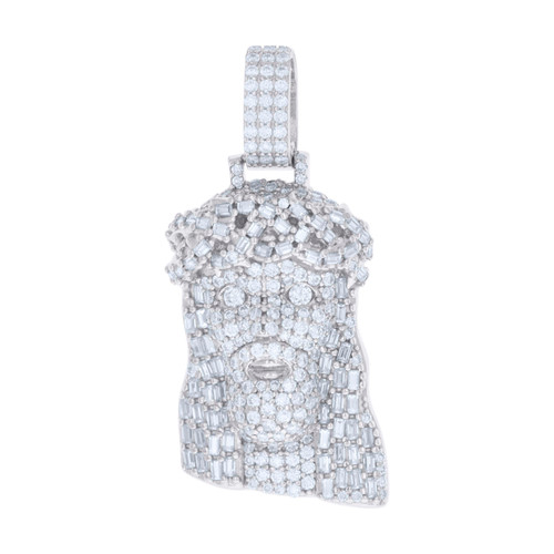 925 Sterling Silver Baguette Moissanite Iced Out Jesus Face Pendant 1.51 Ct.