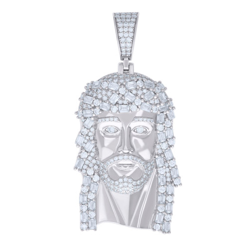 925 Sterling Silver Baguette Moissanite Jesus Face Pendant Men's Charm 6.89 Ct.