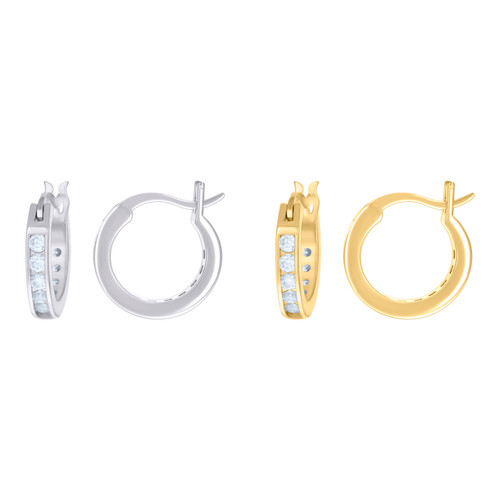 925 Sterling Silver or Yellow Gold Plated Channel Set Round Cut Moissanite Unisex 1 Row Classic 14mm Hinged Hoop Earrings 0.88 Ct.