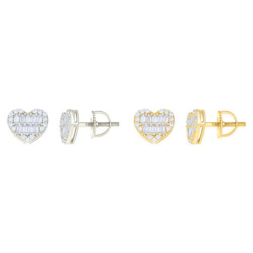 925 Sterling Silver or Yellow Gold Plated Round & Baguette Cut Moissanite Women's 8.5mm Heart Stud Earrings 0.67 Ct.