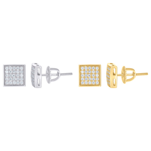 925 Sterling Silver or Yellow Gold Plated Round Cut Moissanite Unisex 7mm Domed Milgrain Square Stud Earrings 0.43 Ct.