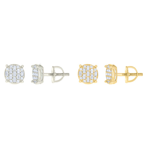925 Sterling Silver or Yellow Gold Plated Round & Baguette Cut Moissanite Unisex 7.5mm Cluster 4 Prong Circle Stud Earrings 0.59 Ct.