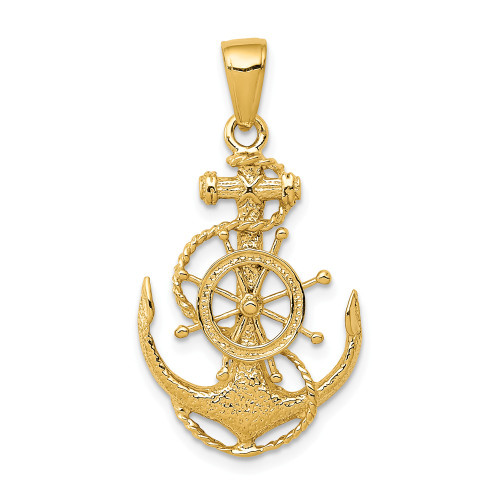 Men's Ladies 14K Yellow Gold Polished Medium Anchor w/Wheel Pendant For Necklace