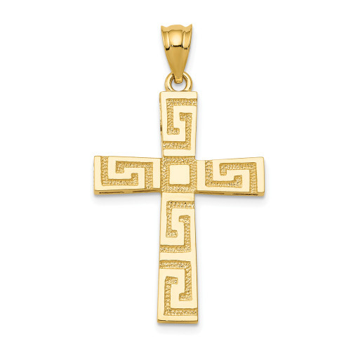 14K Yellow Gold Polish Greek Key Textured Crucifix Cross Religious Charm Pendant