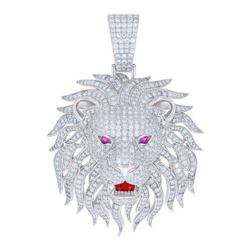 925 Sterling Silver White & Pink Round Cut Moissanite Men's Iced Out Lion Pendant Red Enamel Charm | 6.36 Ct.