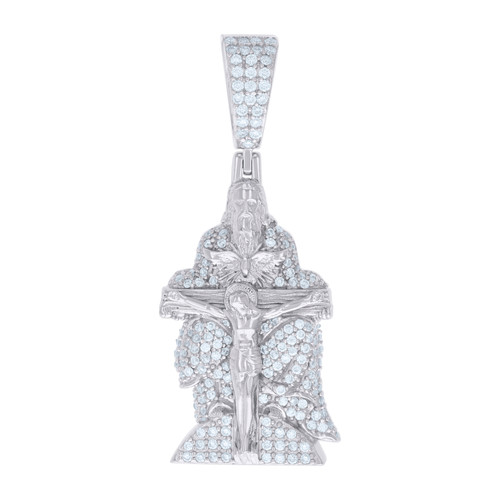 925 Sterling Silver Round Cut Moissanite Men's Jesus Holding Crucifix Cross Pendant Religious Charm | 1.06 Ct.